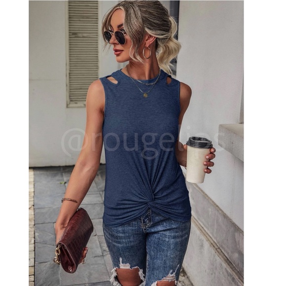 Blue Tank Top Shirt Casual Cut Out Shoulders Twisted Knot Hem - Picture 5 of 8